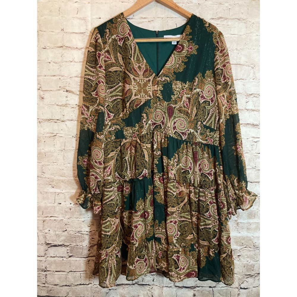 Emma & Michele Babydoll Dress Womens 16 Forest Green & Gold Paisley Tiered Boho